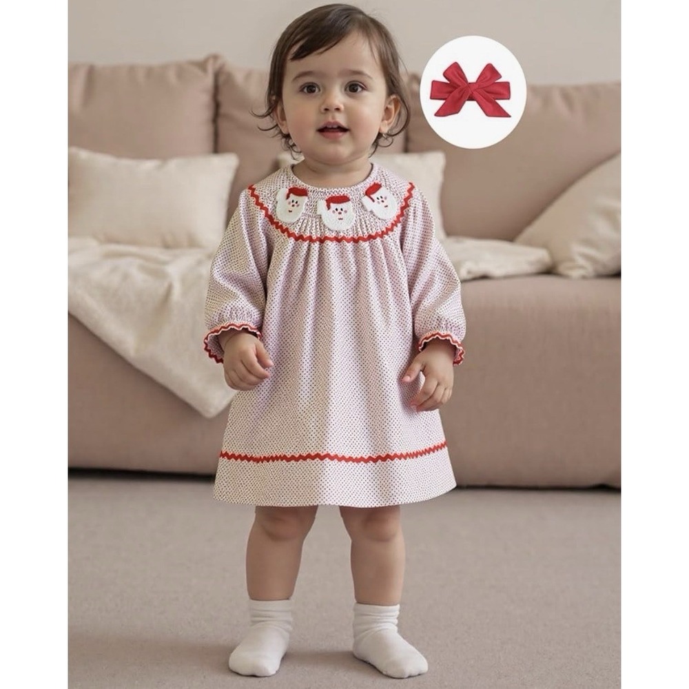 Baby Girl Christmas Santa Smocked Polka Dot Dress Red Ric-Rac Trim‎ 18-24M